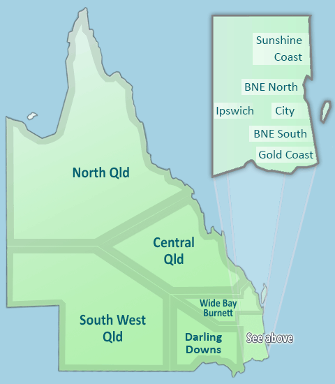 Map of Presbyterian Church of Queensland churches within regions of Queensland.